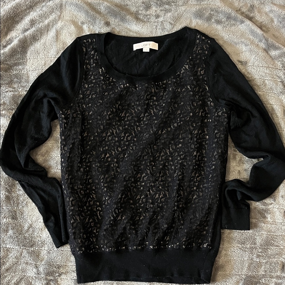 LOFT Black Lace Knit long sleeve Top size Small Medium
